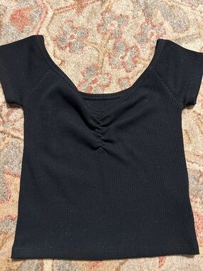 America Eagle Black Ribbed Scoop-Neck Short Sleeve Top